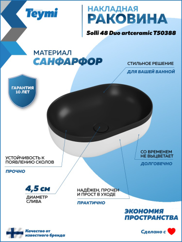 Раковина из сантехнического фарфора Teymi Solli T50388 49х35 накладная цвет черный/белый без отверстий под смеситель - фото 2