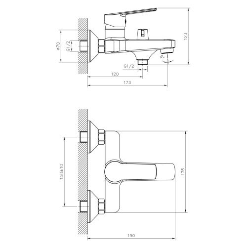 Смеситель для ванны и душа DECOROOM DR22 DR22036 настенный хром - фото 2