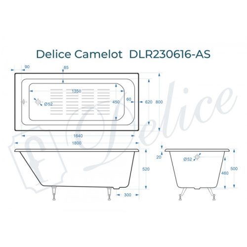 Ванна чугунная Delice Camelot DLR230616-AS 180х80 пристенная прямоугольная без ножек с антискользящим покрытием - фото 2
