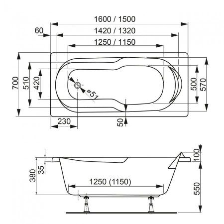 Ванна акриловая Vagnerplast Nymfa VPBA167NYM2E-04 160х70 пристенная прямоугольная без каркаса