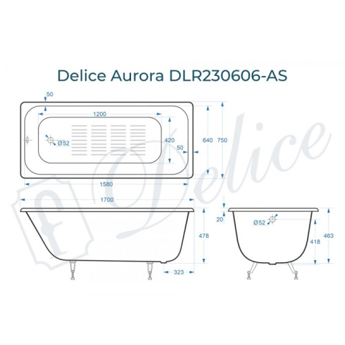 Ванна чугунная Delice Aurora DLR230606-AS 170х75 пристенная прямоугольная без ножек с антискользящим покрытием - фото 2