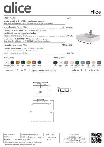 Раковина керамическая Alice Hide 31230101S 60х45 подвесная цвет белый глянцевый 1 отверстие под смеситель - фото 2
