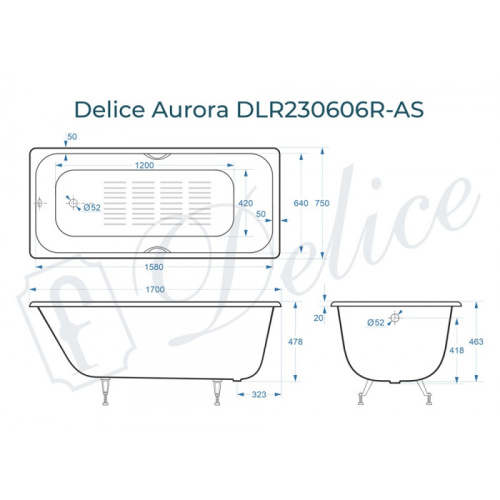 Ванна чугунная Delice Aurora DLR230606R-AS 170х75 пристенная прямоугольная без ножек с отверстиями под ручки - фото 2