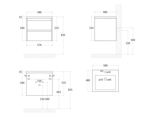 Тумба под раковину Art&Max TECHNO Family-580-2C-SO-BL 58х48х55 подвесная цвет белый глянцевый - фото 3
