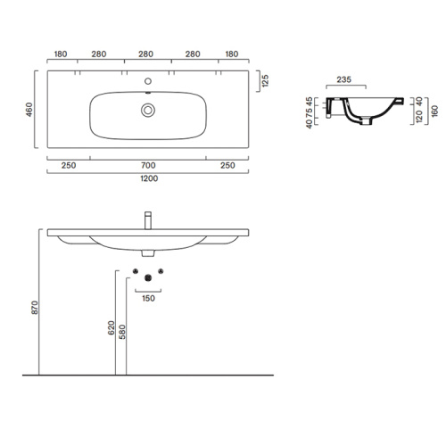 Раковина керамическая Catalano Alvea 120 см 621211001 подвесная цвет белый 1 отверстие под смеситель - фото 2