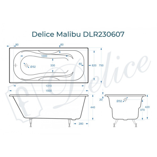 Ванна чугунная Delice Malibu DLR230607 150х75 пристенная прямоугольная без ножек - фото 2