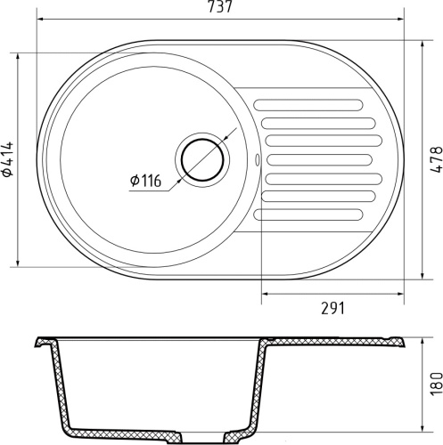 Кухонная мойка Granfest Quarz 18 темно-серый 74х48 цвет темно-серый поверхность матовая - фото 3