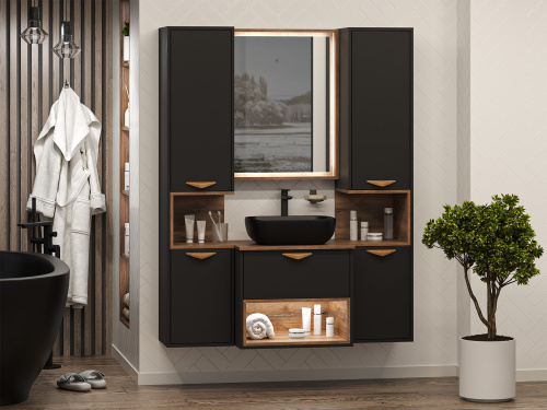 Шкаф-пенал Brevita Bergen BER-05035-02-19-ПоП 35х33х165 подвесной цвет черный/коричневый - фото 5