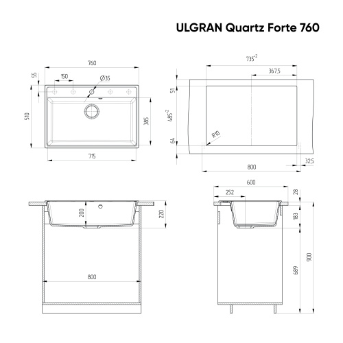Кухонная мойка Ulgran Quartz Forte 760-10 76х51 цвет песочный - фото 2