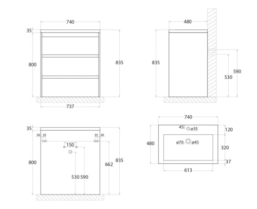 Тумба под раковину Art&Max TECHNO FAMILY-750-3C-PIA-BL 75х47х85 подвесная цвет белый глянцевый - фото 3