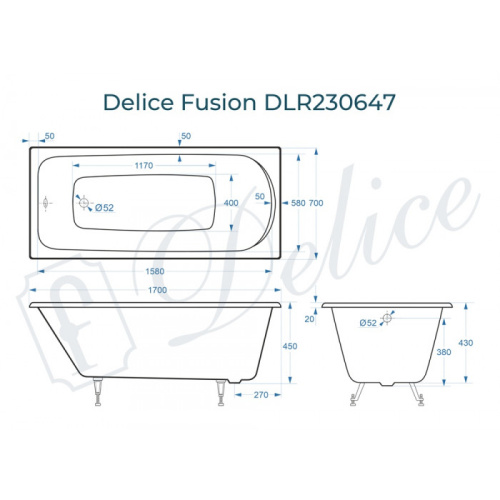 Ванна чугунная Delice Fusion DLR230647 170х70 пристенная прямоугольная без ножек - фото 2