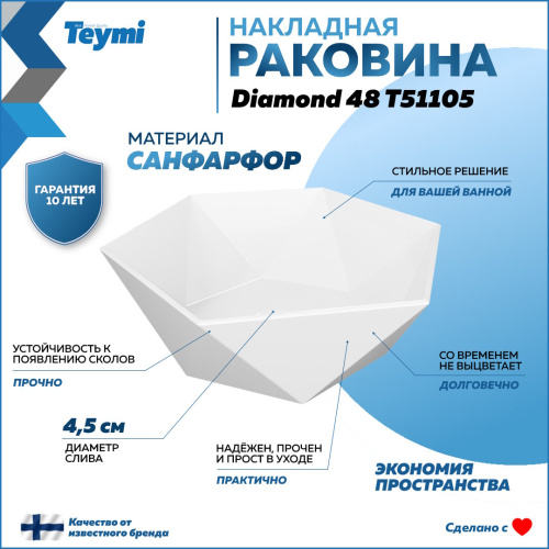 Раковина из сантехнического фарфора Teymi Diamond T51105 48х42 накладная цвет белый без отверстий под смеситель - фото 2