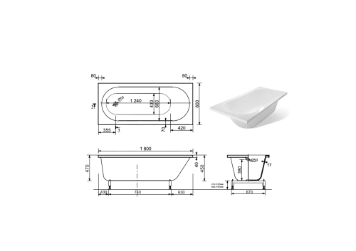 Ванна из литьевго мрамора Taliente Orta Matt OR18080Matt 180х80 пристенная прямоугольная без каркаса - фото 5