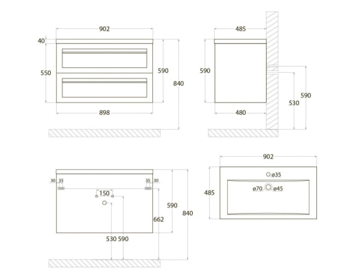 Тумба под раковину Art&Max PLATINO AM-Platino-900-2C-SO-NM 90х48х55 подвесная цвет черный матовый - фото 3