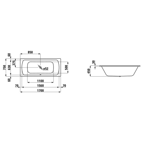 Ванна стальная Laufen Pro 2.2695.3.600.040.1 170х75 встраиваемая прямоугольная без ножек - фото 2