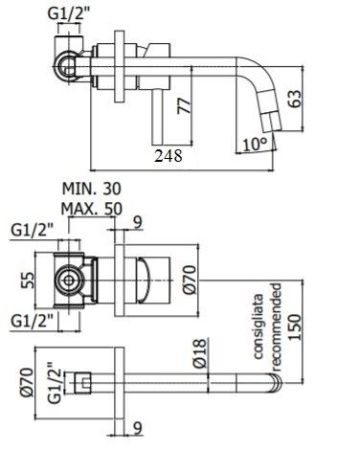 Смеситель для раковины Paffoni Light LIG007HGSP70 встраиваемый в стену золото