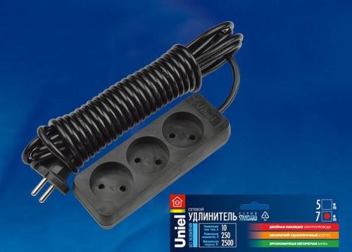 Удлинитель 3гн х 7м б/з Uniel Standard (Стандард) S-CD3-7 Black - фото 2