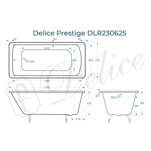 Ванна чугунная Delice Prestige DLR230625 170х75 пристенная прямоугольная без ножек - фото 2