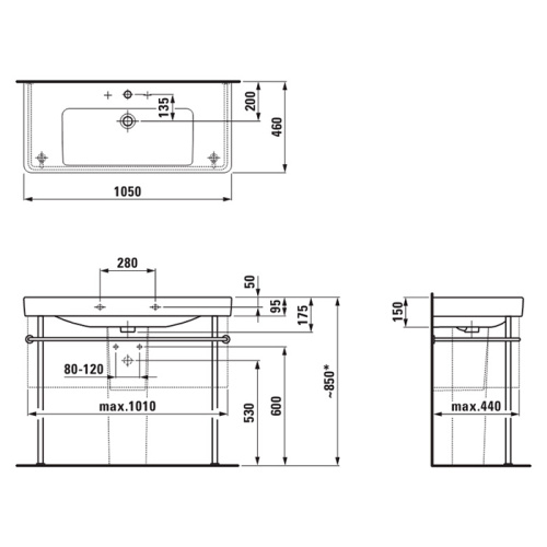 Раковина керамическая Laufen Pro 105 см 8.1396.6.000.104.1 подвесная цвет белый 1 отверстие под смеситель - фото 2