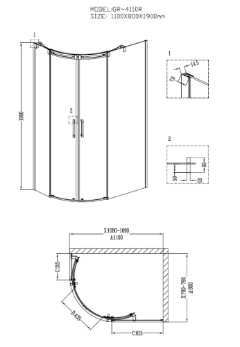 Душевой уголок Grossman Galaxy GR-4110R 110х80 стекло прозрачное профиль хром глянцевый без поддона - фото 3