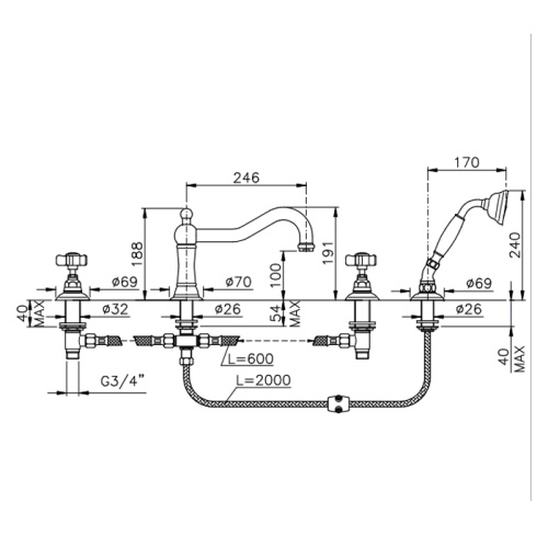 Смеситель Nicolazzi Petit Mont Blanc 1449BZ78 на борт ванны бронза - фото 2