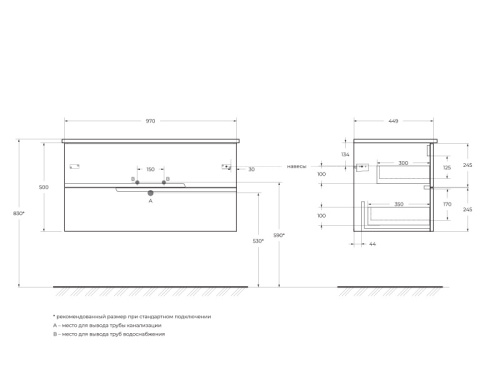Тумба под раковину Cezares DUET DUET-1000-2C-SO-SPF-P 97х45х50 подвесная цвет синий - фото 2