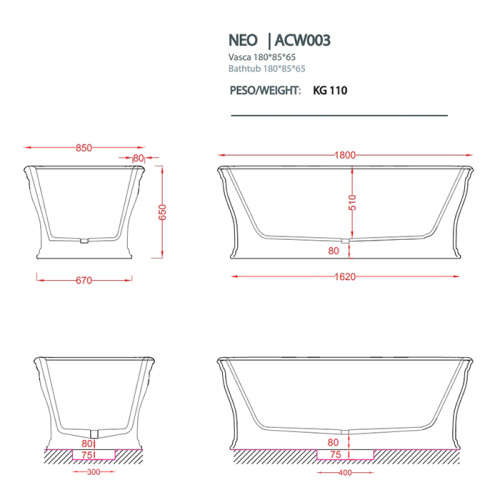 Ванна из искусственного камня Artceram Neo ACW003 03 nero 180х85 отдельностоящая овальная - фото 2