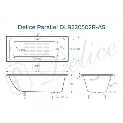Ванна чугунная Delice Parallel DLR220502RB-AS 170х80 пристенная прямоугольная без ножек с черными матовыми ручками и антискользящим покрытием - фото 2