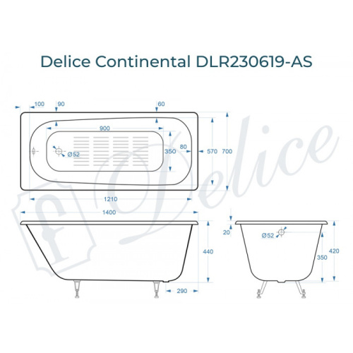 Ванна чугунная Delice Continental DLR230619-AS 140х70 пристенная прямоугольная без ножек с антискользящим покрытием - фото 2