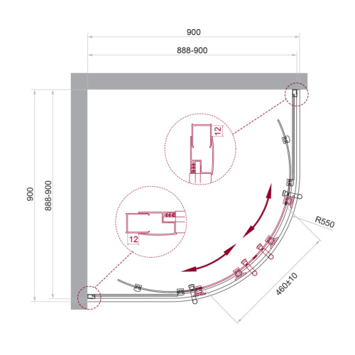 Душевой уголок BelBagno UNO-195 UNO-195-R-2-90-P-NERO 90х90 стекло рифленое профиль черный без поддона - фото 2