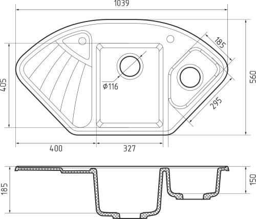 Кухонная мойка Granfest Corner C-1040E топаз 104х56 цвет серый поверхность матовая - фото 3