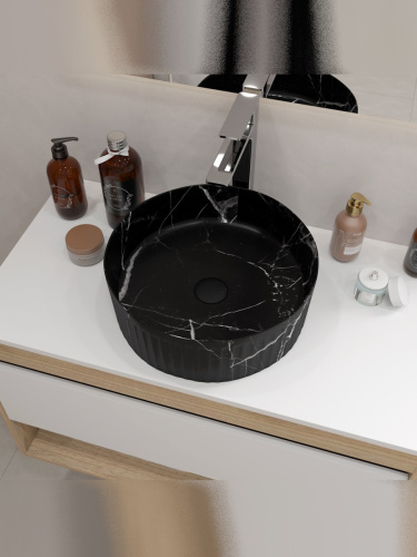 Раковина из сантехнического фарфора Teymi Martta T52183 37х37 накладная цвет черный мрамор без отверстий под смеситель - фото 5