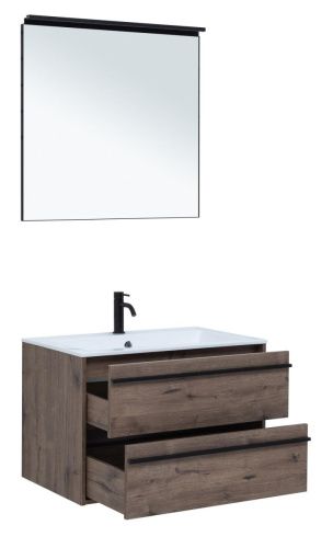 Комплект мебели: тумба с раковиной + зеркало Aquanet Lino 00271956 80х50 подвесной цвет коричневый - фото 2
