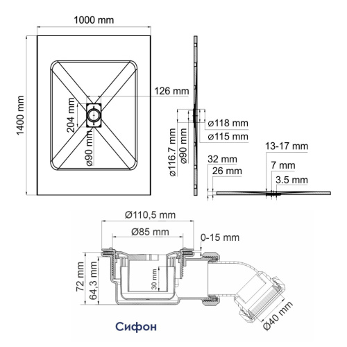 Душевой поддон WasserKRAFT Elbe 74T 74T37 140х100 стеклопластик черный - фото 2