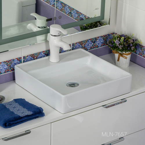 Раковина из сантехнического фарфора Melana 7657-805 44х45 накладная цвет белый 1 отверстие под смеситель - фото 3