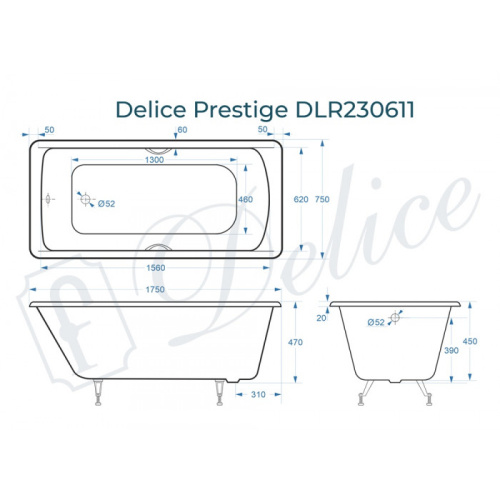 Ванна чугунная Delice Prestige DLR230611 175х75 пристенная прямоугольная без ножек - фото 2