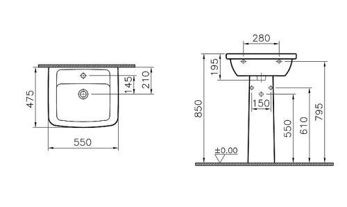 Раковина из сантехнического фарфора Vitra Form 300 9602B003-7650 55х48 подвесная цвет белый 1 отверстие под смеситель - фото 4