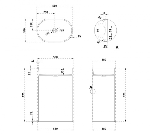 Раковина из искусственного камня Abber STEIN AS2550 58х38 напольная цвет белый матовый без отверстий под смеситель - фото 4