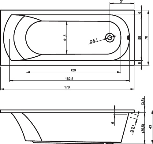 Ванна акриловая Riho MIAMI B060001005 170х70 пристенная прямоугольная без ножек - фото 2
