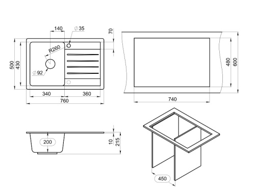 Кухонная мойка Granula Стандарт 7602, БАЗАЛЬТ 76х50 цвет базальт поверхность матовая - фото 2