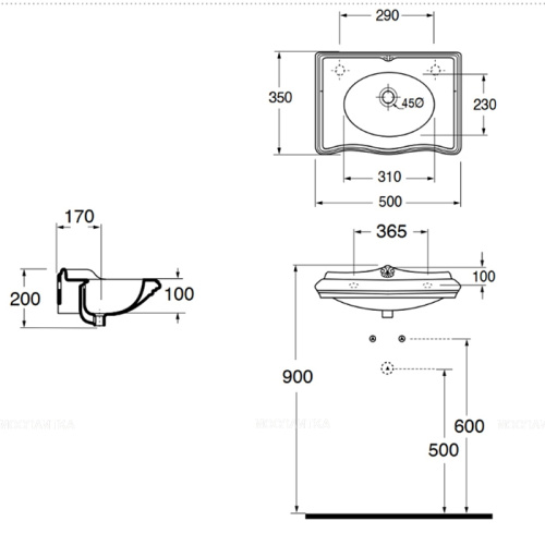 Раковина из санфаянса Azzurra Jubilaeum JULS0503500MBI/(JUB200/50 bi)*1sx 50х35 подвесная цвет белый - фото 2