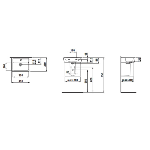 Раковина керамическая Laufen Pro 45 см 8.1195.1.000.104.1 подвесная цвет белый 1 отверстие под смеситель - фото 2