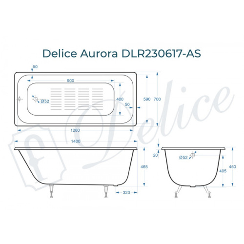 Ванна чугунная Delice Aurora DLR230617-AS 140х70 пристенная прямоугольная без ножек с антискользящим покрытием - фото 2