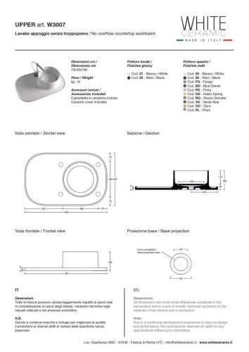 Раковина керамическая White Ceramic Upper W300701 70х50 накладная цвет белый без отверстий под смеситель - фото 3