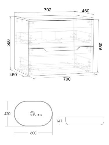 Тумба с раковиной Orange Line Li-70TuwMDF+B08-600W 70х46х71 подвесная цвет белый матовый - фото 5