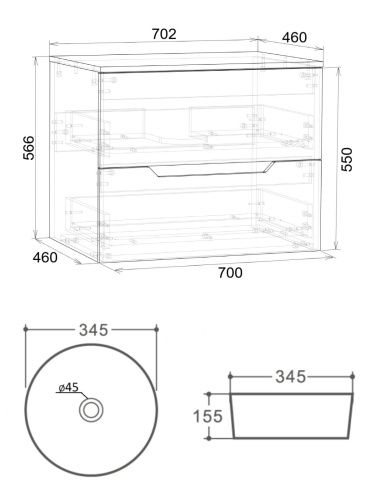 Тумба с раковиной Orange Line Li-70TugMDF+B07-345W 70х46х72 подвесная цвет графит матовый - фото 5