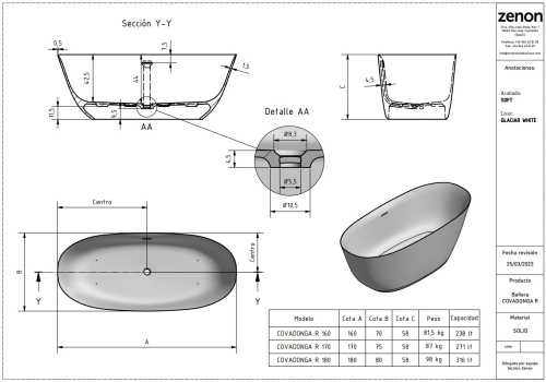 Ванна из искусственного камня Zenon Covadonga R 4000.000.000.000.31759 170х75 отдельностоящая овальная - фото 2