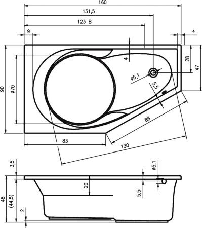 Ванна акриловая Riho YUKON B008001005 160х90 пристенная асимметричная без ножек