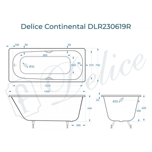 Ванна чугунная Delice Continental DLR230619R 140х70 пристенная прямоугольная без ножек с отверстиями под ручки - фото 2