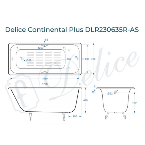 Ванна чугунная Delice Continental PLUS DLR230635R-AS 170х75 пристенная прямоугольная без ножек с отверстиями под ручки - фото 2
